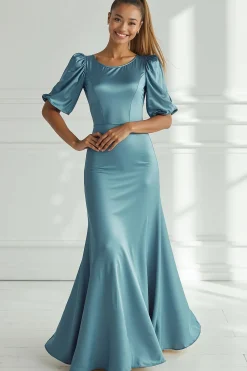 Champagne Sereia Cetim Vestido Formal Longo com Mangas Curtas