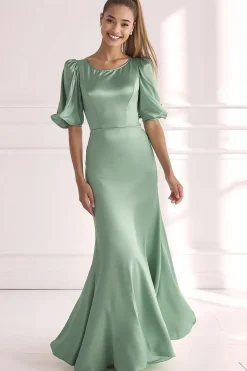 Champagne Sereia Cetim Vestido Formal Longo com Mangas Curtas