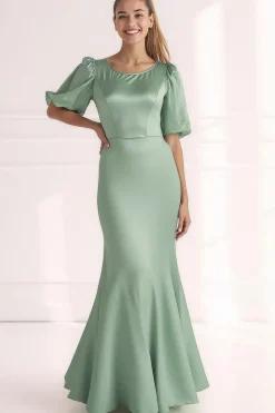 Champagne Sereia Cetim Vestido Formal Longo com Mangas Curtas