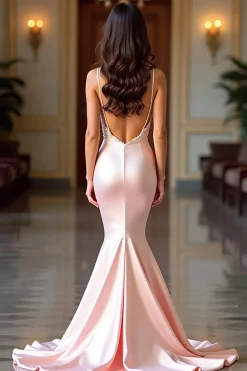 Champagne Sereia Esparguete Correias Backless Cetim Long Prom Dress
