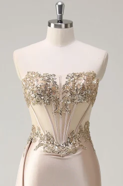 Champagne Sereia sem alças Cetim Lado Cabo Vestido de baile com lantejoulas