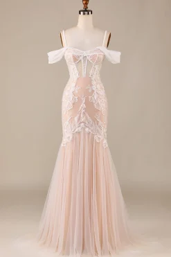Champagne Sereia Vestido de Noiva Longo com Renda