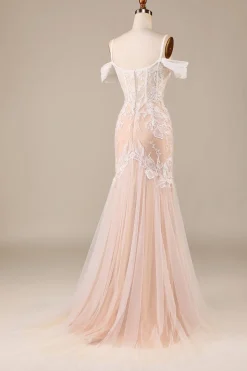 Champagne Sereia Vestido de Noiva Longo com Renda