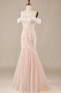 Champagne Sereia Vestido de Noiva Longo com Renda