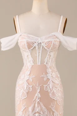 Champagne Sereia Vestido de Noiva Longo com Renda