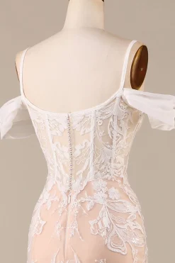 Champagne Sereia Vestido de Noiva Longo com Renda