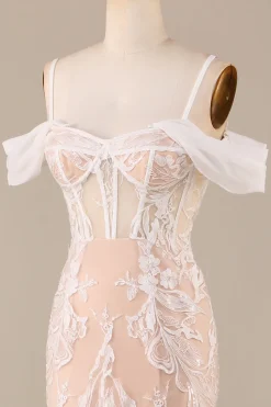 Champagne Sereia Vestido de Noiva Longo com Renda