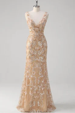 Champagne Sereia V-Neck Sequined Long Prom Dress