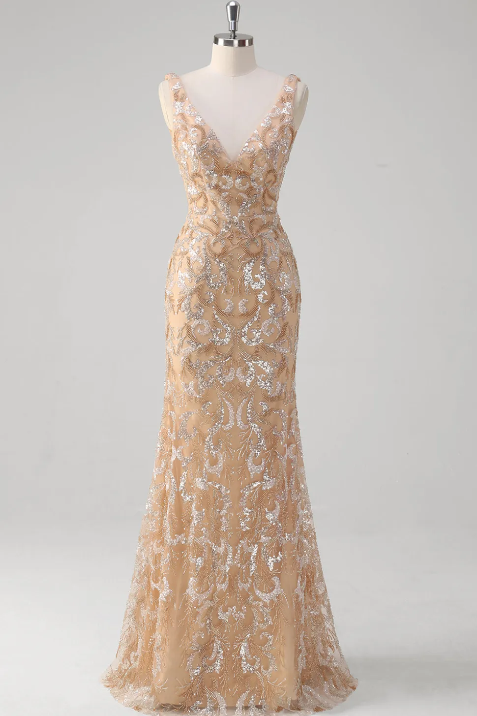 Champagne Sereia V-Neck Sequined Long Prom Dress