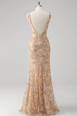 Champagne Sereia V-Neck Sequined Long Prom Dress