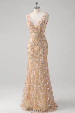 Champagne Sereia V-Neck Sequined Long Prom Dress