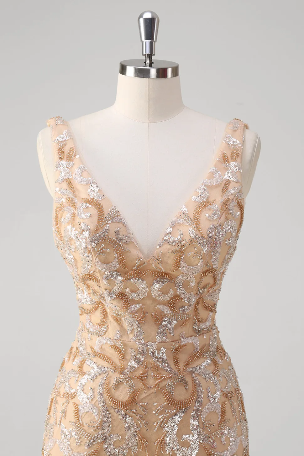 Champagne Sereia V-Neck Sequined Long Prom Dress