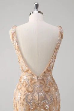 Champagne Sereia V-Neck Sequined Long Prom Dress