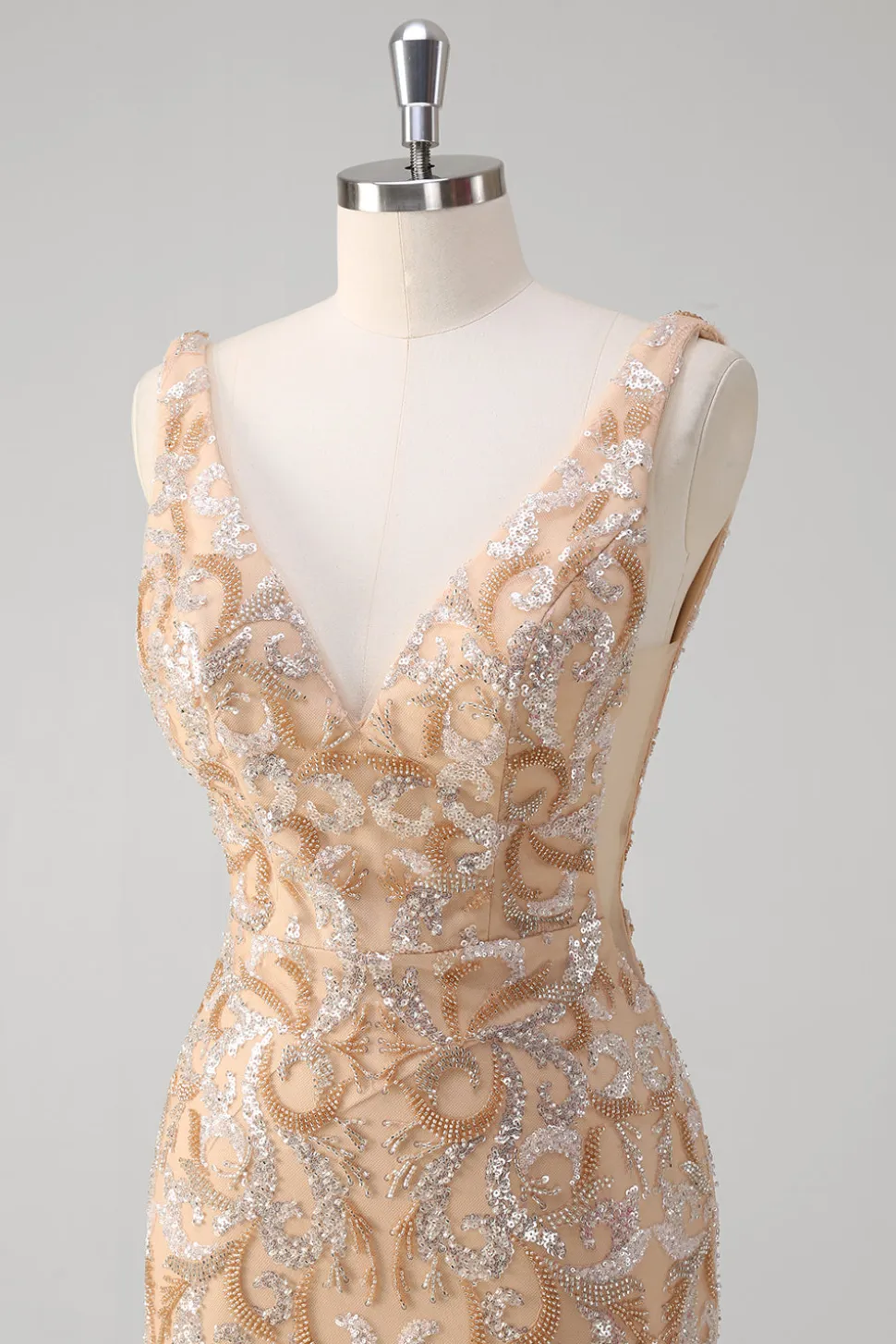Champagne Sereia V-Neck Sequined Long Prom Dress