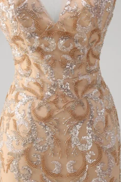 Champagne Sereia V-Neck Sequined Long Prom Dress