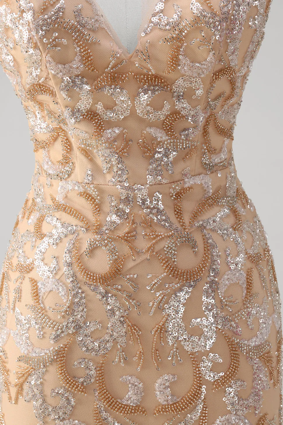 Champagne Sereia V-Neck Sequined Long Prom Dress