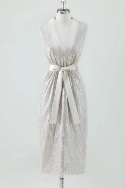 Champagne Sparkly V Neck Tea Length Holiday Party Dress com Arco