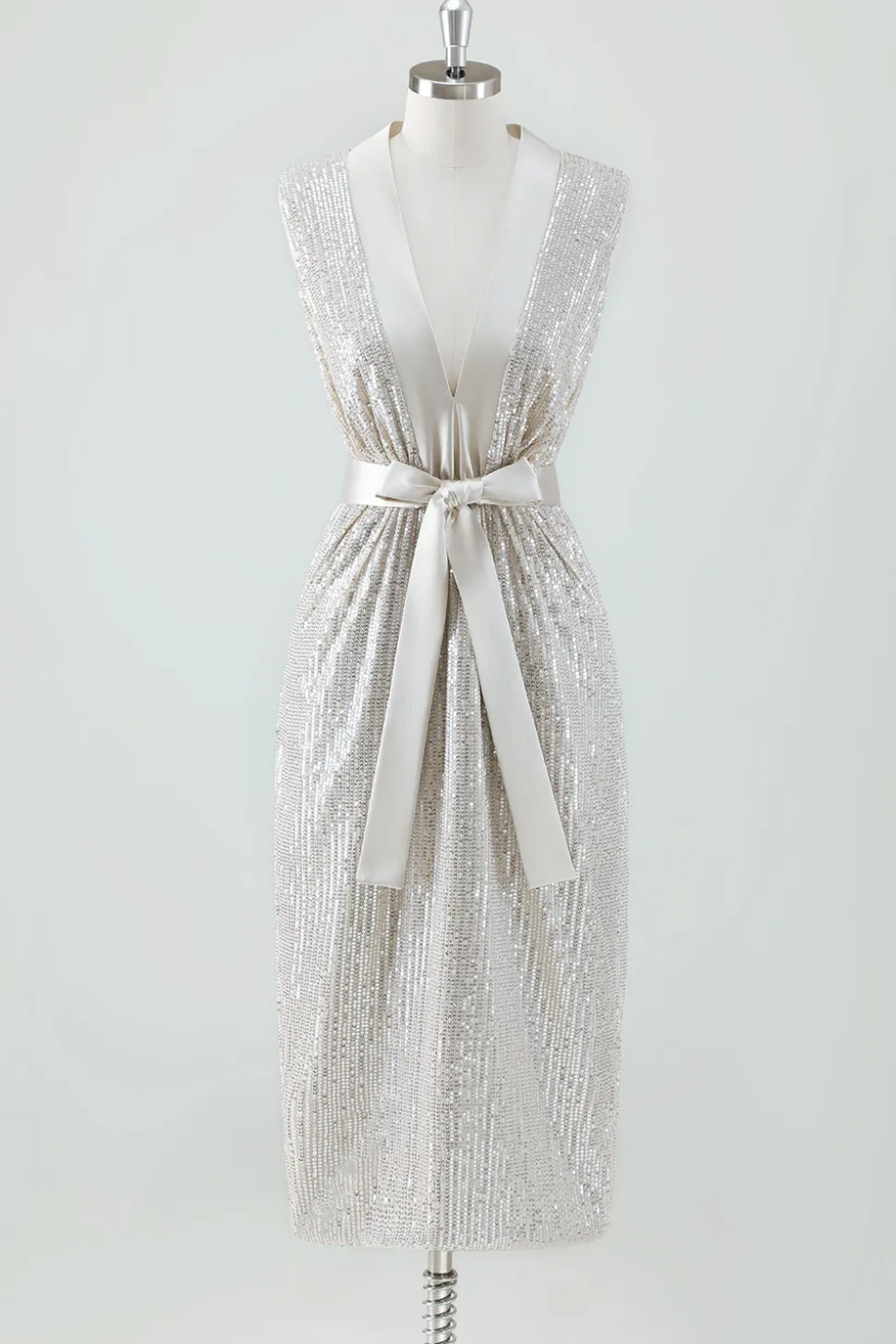 Champagne Sparkly V Neck Tea Length Holiday Party Dress com Arco