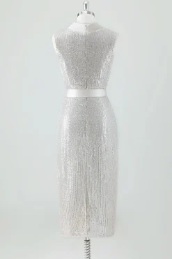 Champagne Sparkly V Neck Tea Length Holiday Party Dress com Arco