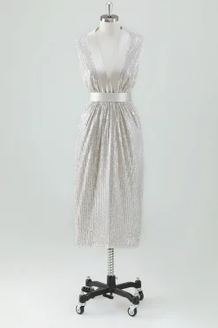 Champagne Sparkly V Neck Tea Length Holiday Party Dress com Arco