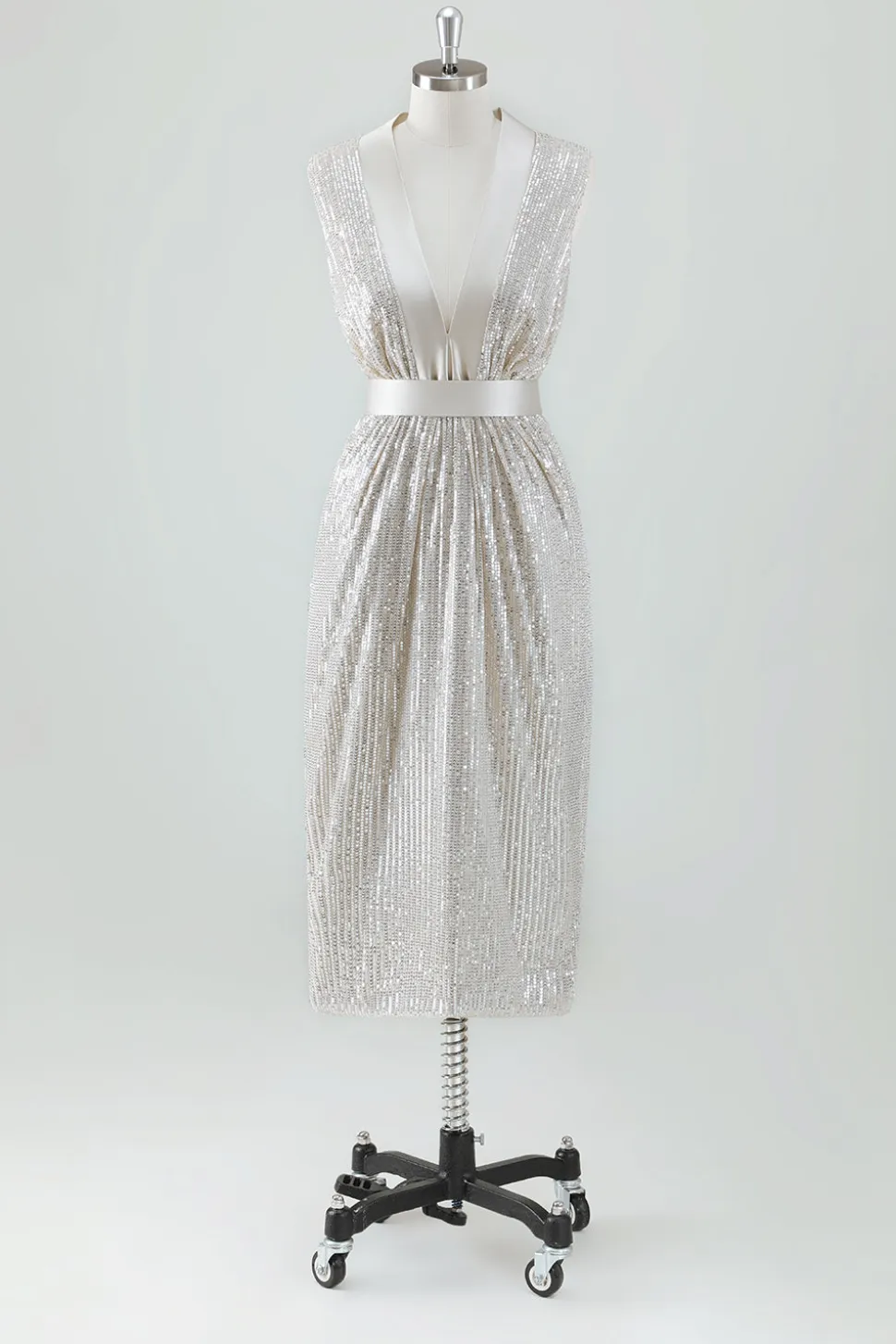 Champagne Sparkly V Neck Tea Length Holiday Party Dress com Arco