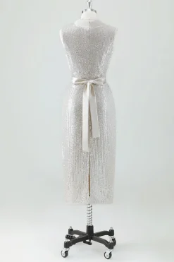 Champagne Sparkly V Neck Tea Length Holiday Party Dress com Arco