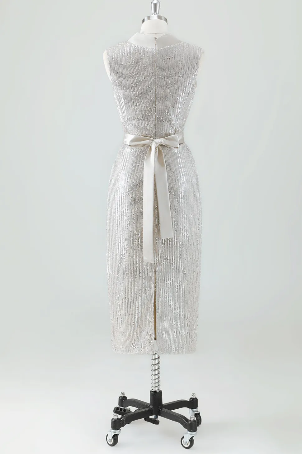 Champagne Sparkly V Neck Tea Length Holiday Party Dress com Arco
