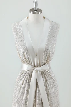 Champagne Sparkly V Neck Tea Length Holiday Party Dress com Arco