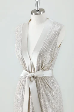 Champagne Sparkly V Neck Tea Length Holiday Party Dress com Arco