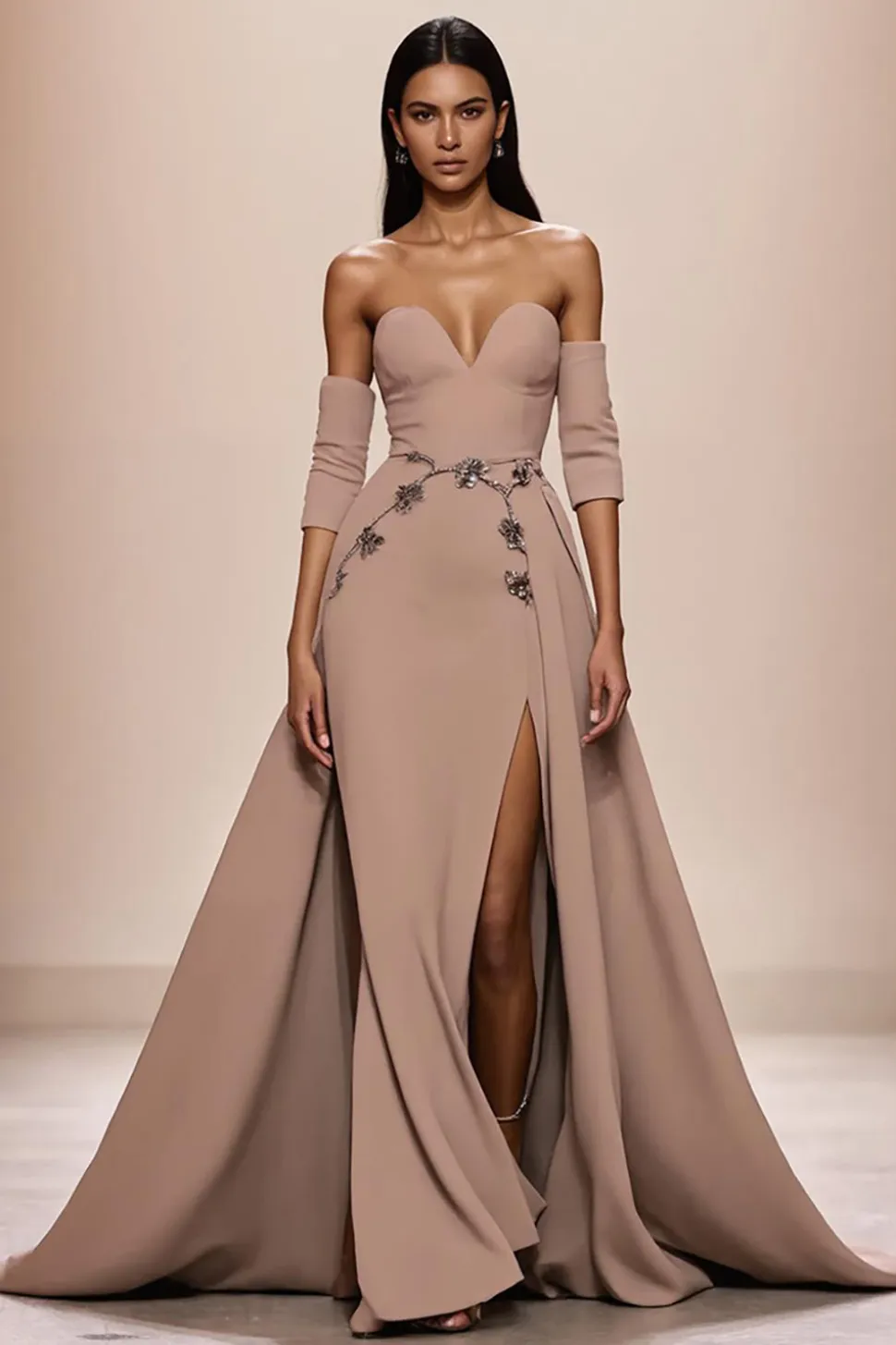 Champagne Sweetheart Appliques Vestido de Noite com Fenda