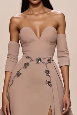Champagne Sweetheart Appliques Vestido de Noite com Fenda