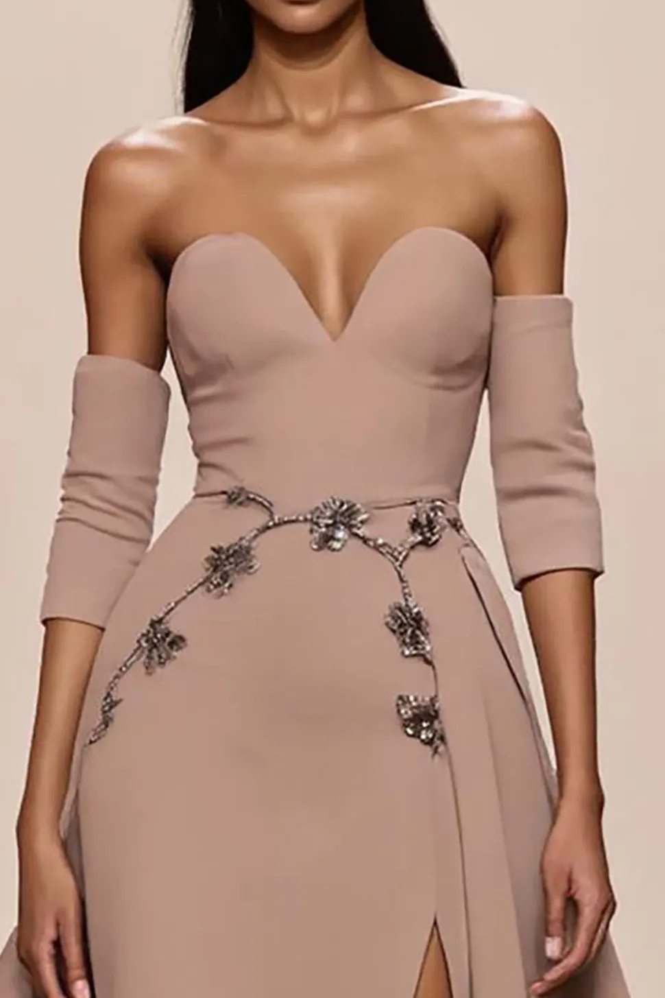Champagne Sweetheart Appliques Vestido de Noite com Fenda