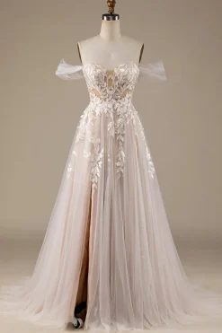 Champagne Tule destacável fora do ombro vestido de noiva com renda