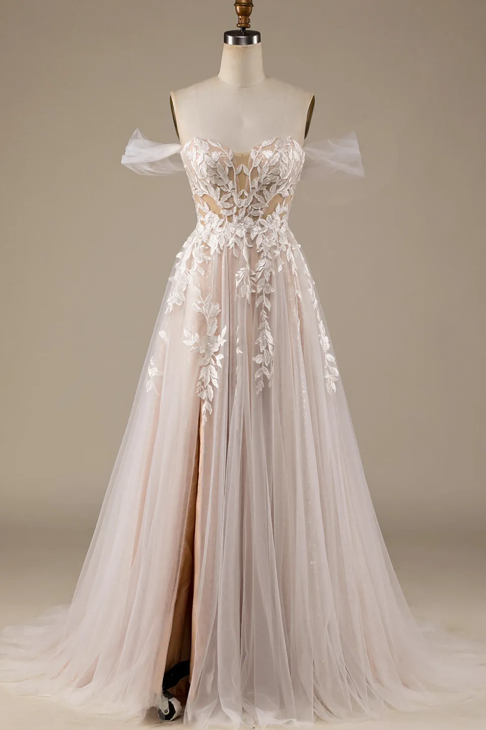 Champagne Tule destacável fora do ombro vestido de noiva com renda