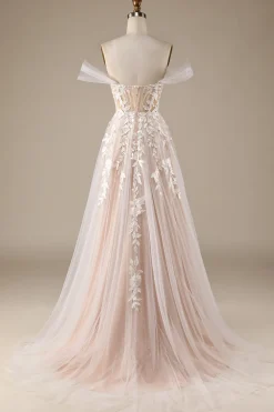 Champagne Tule destacável fora do ombro vestido de noiva com renda