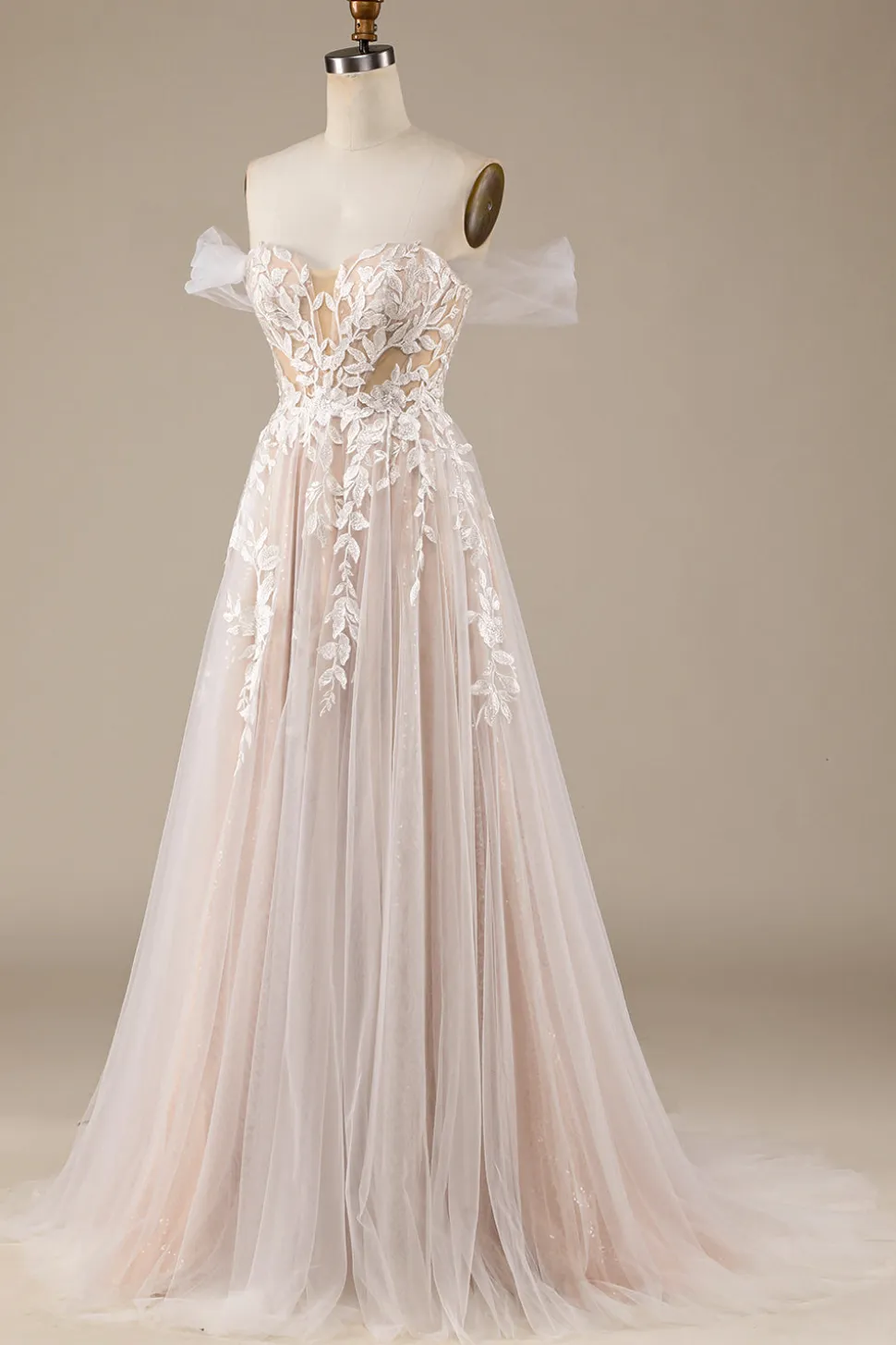Champagne Tule destacável fora do ombro vestido de noiva com renda