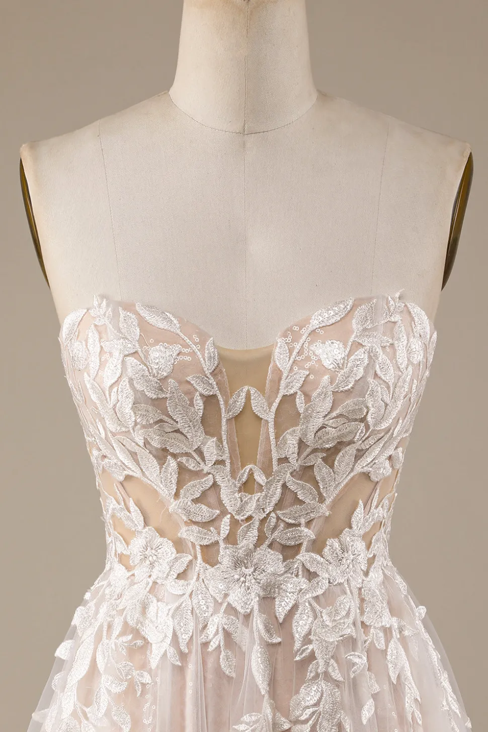 Champagne Tule destacável fora do ombro vestido de noiva com renda
