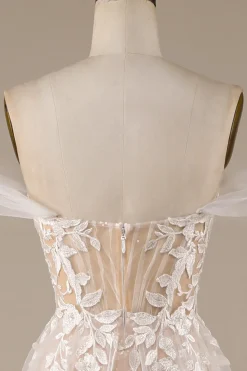 Champagne Tule destacável fora do ombro vestido de noiva com renda