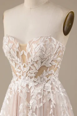 Champagne Tule destacável fora do ombro vestido de noiva com renda