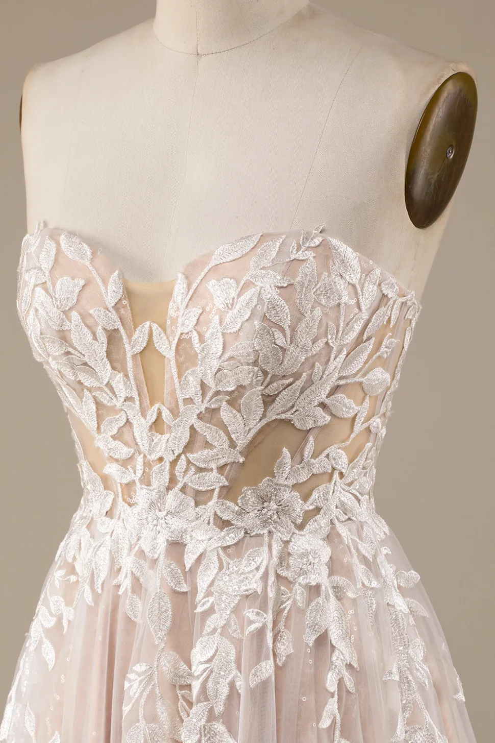 Champagne Tule destacável fora do ombro vestido de noiva com renda