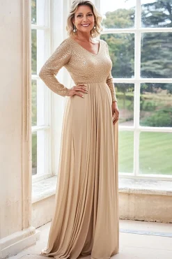 Champagne Uma Linha V Pescoço Plissado Mangas Longas Mãe do Vestido da Noiva