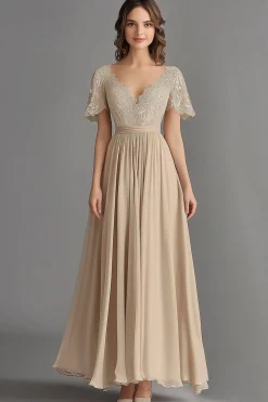 Champagne V Neck Appliques Uma Linha plissada Mãe do Vestido da Noiva