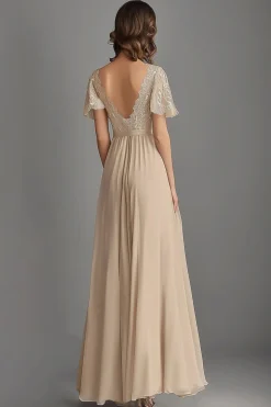 Champagne V Neck Appliques Uma Linha plissada Mãe do Vestido da Noiva