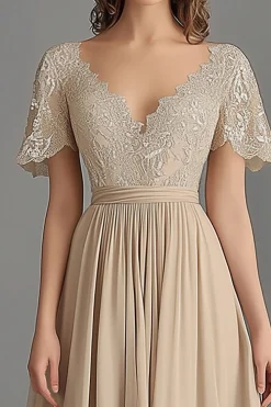 Champagne V Neck Appliques Uma Linha plissada Mãe do Vestido da Noiva