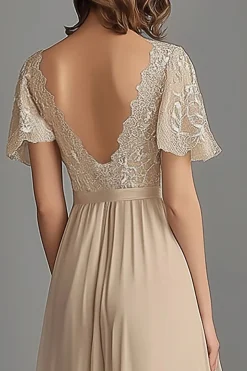 Champagne V Neck Appliques Uma Linha plissada Mãe do Vestido da Noiva