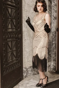 Champagne V Neck Backless Sequin Fringe Flapper Dress