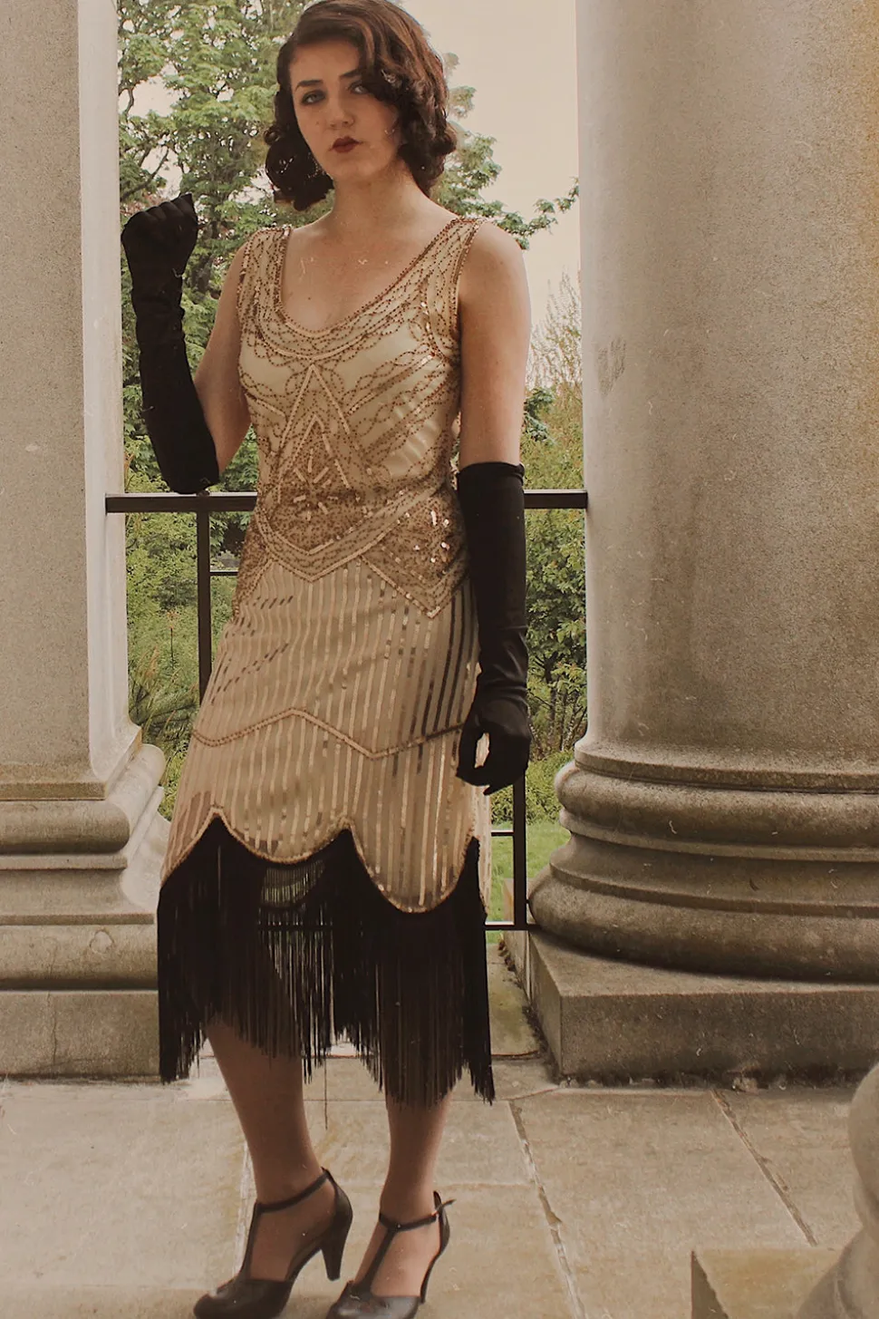 Champagne V Neck Backless Sequin Fringe Flapper Dress