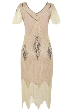 Champagne V Neck Backless Sequin Fringe Flapper Dress