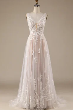 Champagne V-Neck Backless Tule Vestido de Noiva com Renda