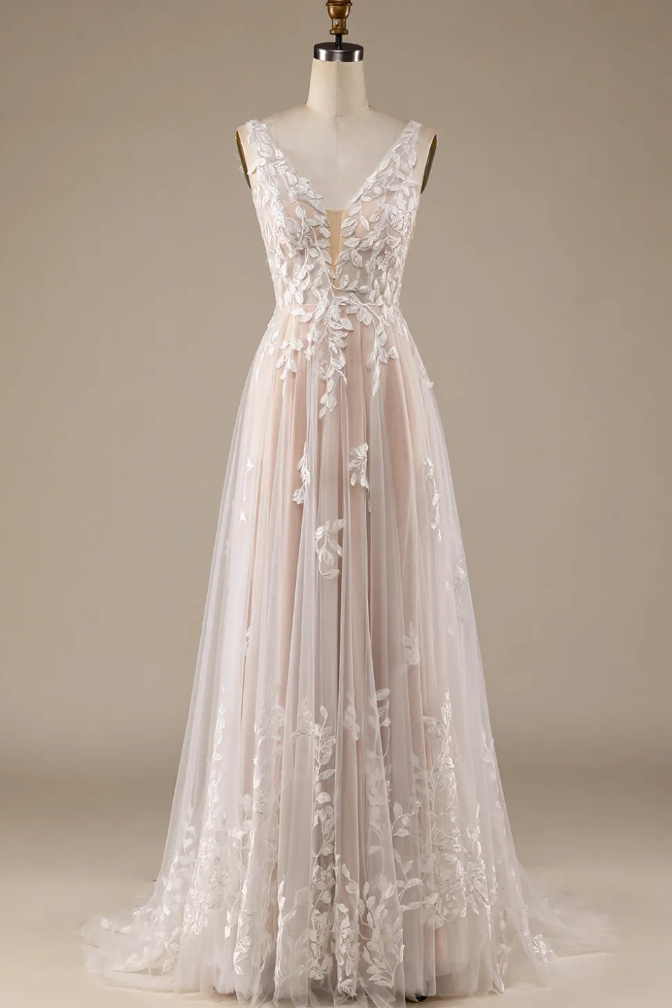Champagne V-Neck Backless Tule Vestido de Noiva com Renda